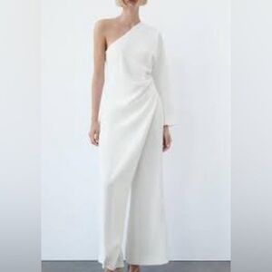 Zara white asymmetrical one shoulder sarong wrap ruched draped wide leg jumpsuit